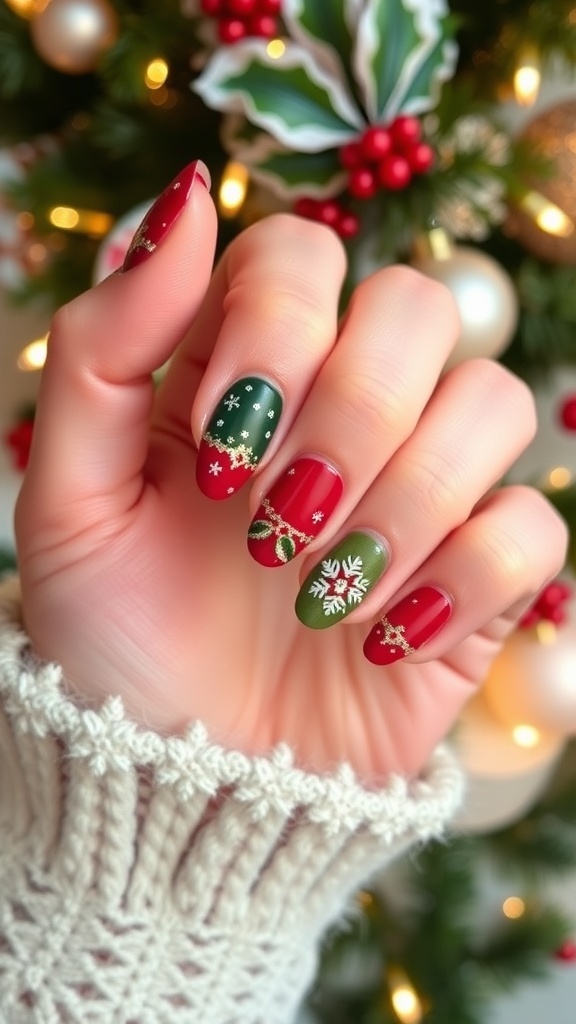 Elegant Christmas nail designs in red, green, and gold with snowflakes on a festive background.